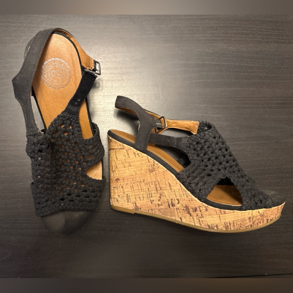 SO® Black Woven Cork Wedge Sandals – Size 8.5